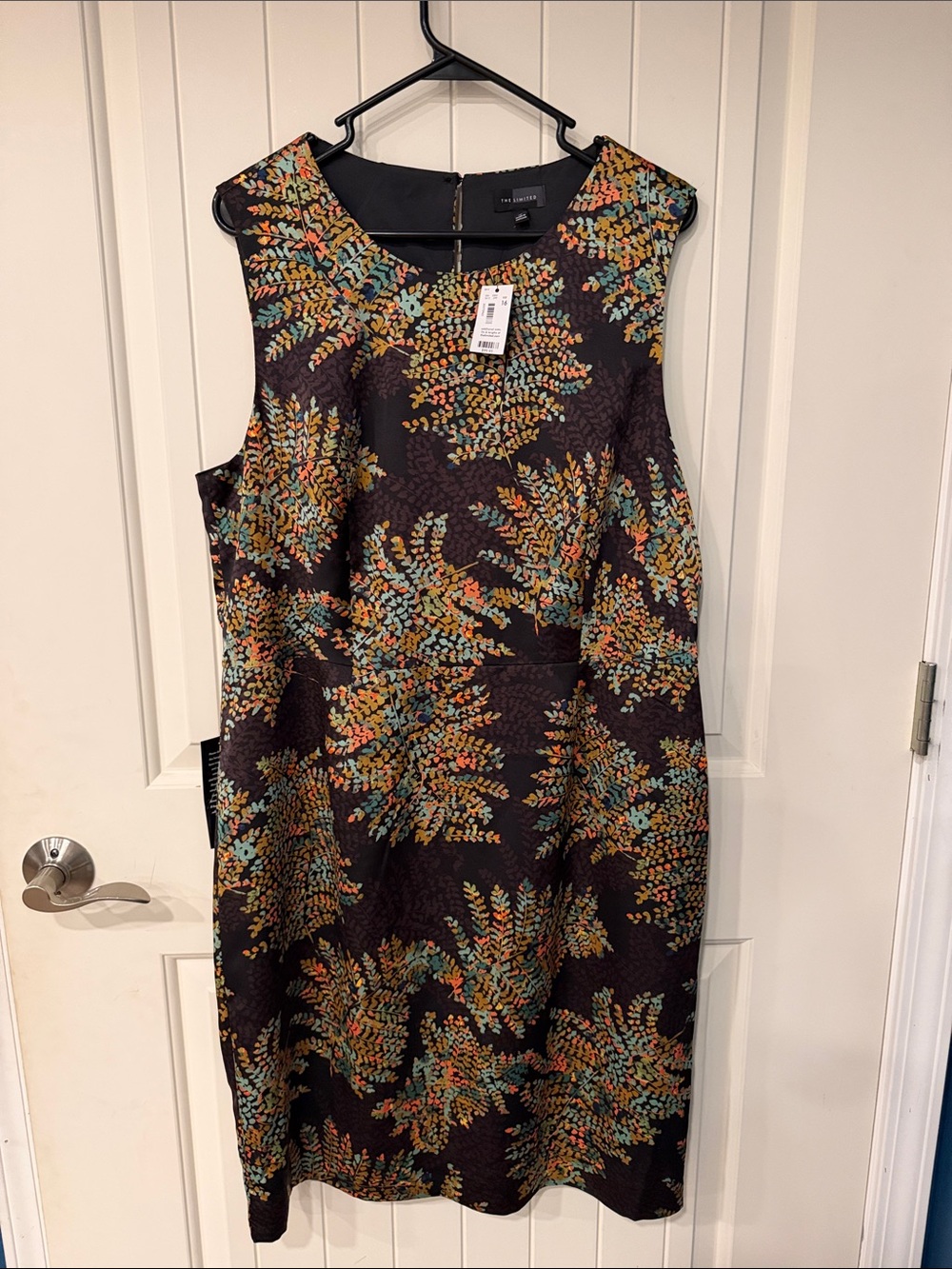 The Limited Black Sleeveless Dress with Multicolor Leaf Motif